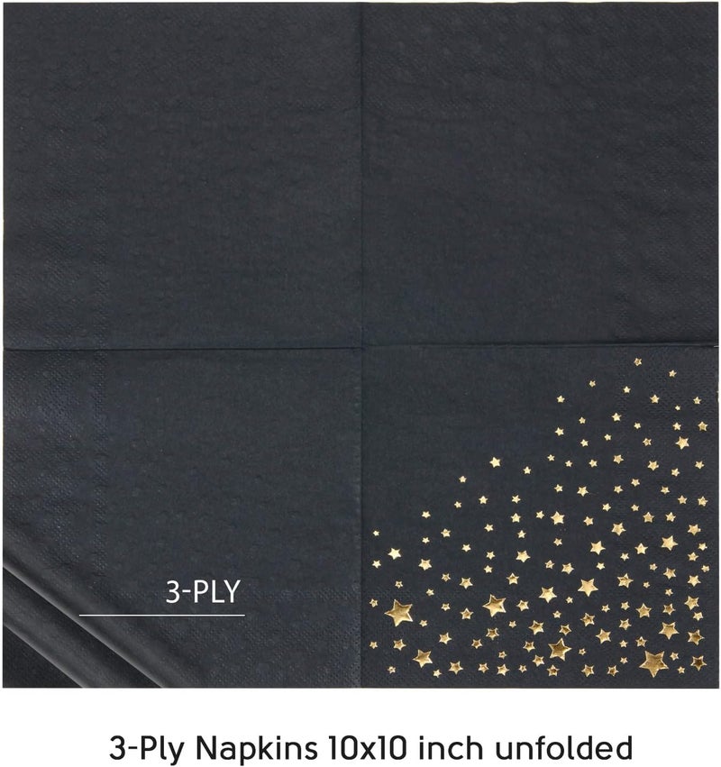 The Essential Concierge Stylish Black and Gold Napkins, 100 Black Star Napkins, 5x5 Inch Black and Gold Cocktail Napkins, Disposable Black Star Cocktail Napkins for Party - Image 3